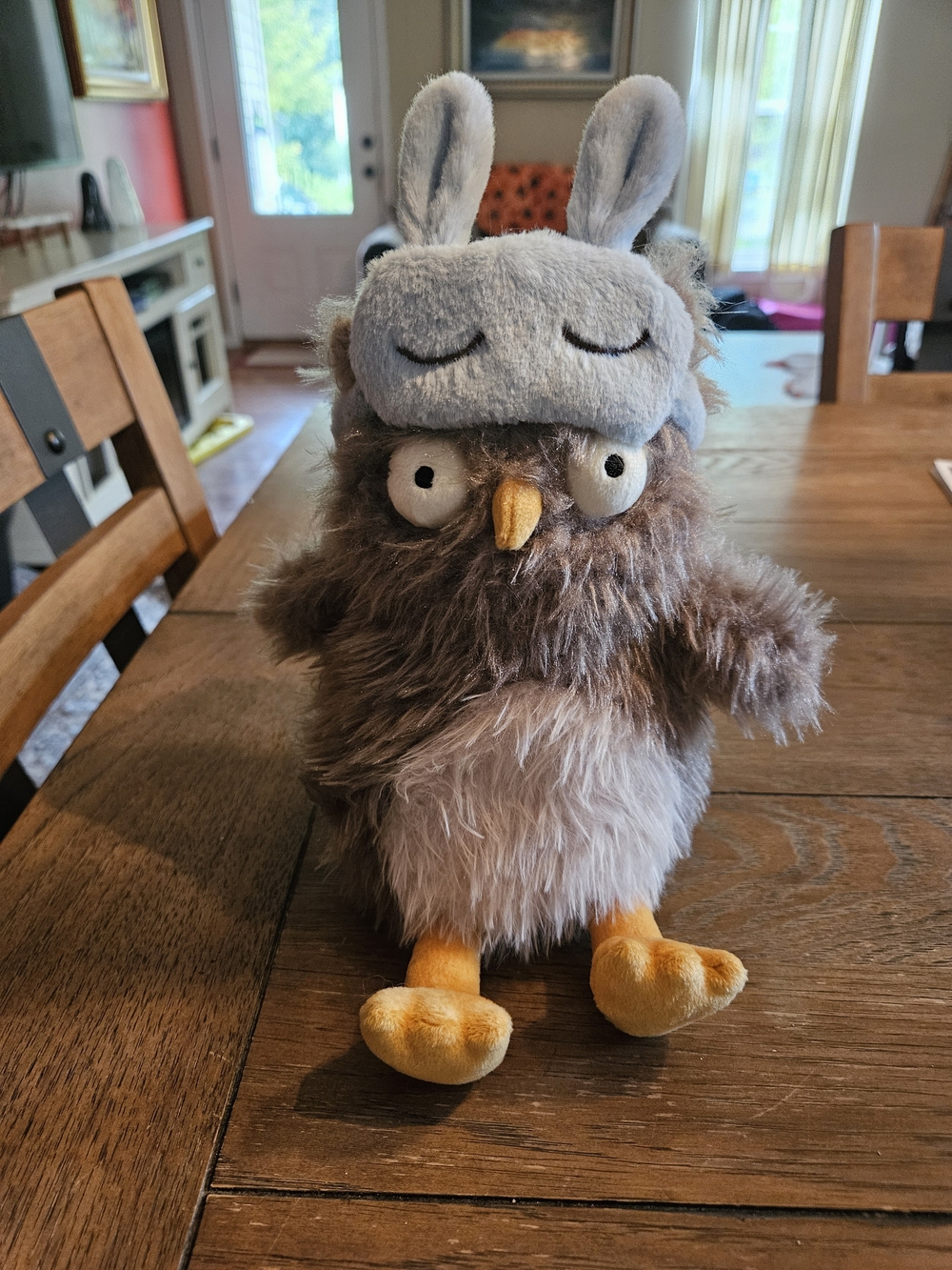 Jellycat Brown and Cream Fluffy Owl with Gray Bunny Sleep Mask and Yellow Feet